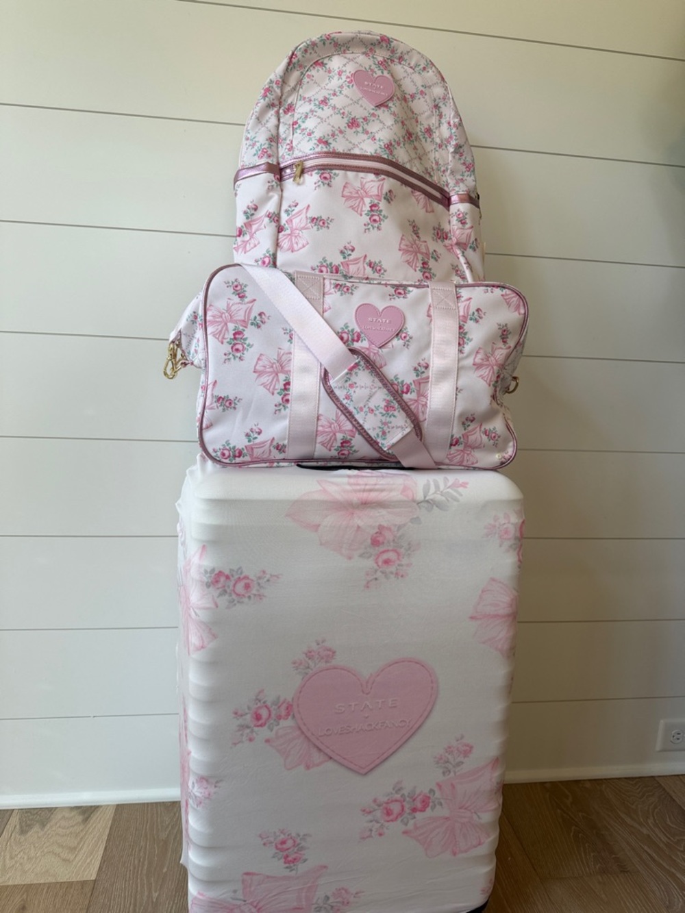 LoveShackFancy STATE Pink Floral Travel Set - Backpack, Duffel, Suitcase cover